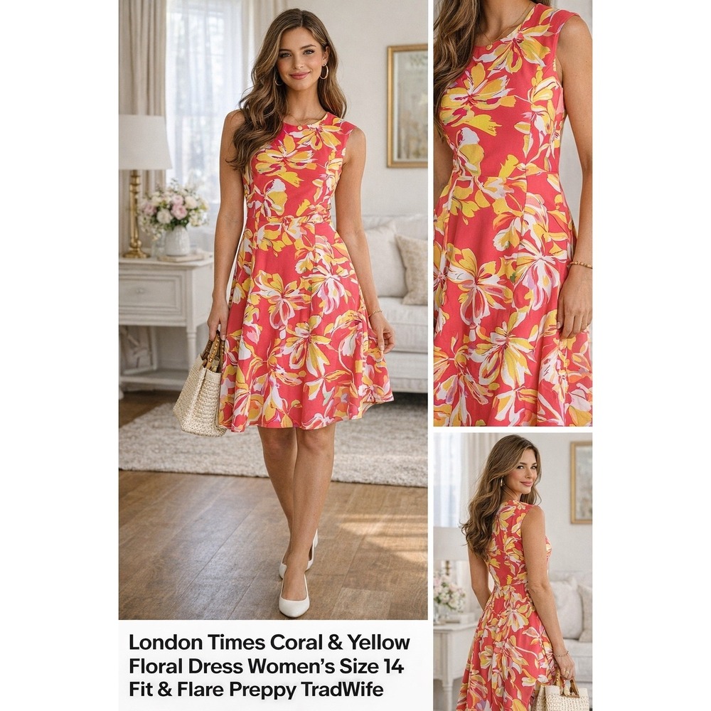 London Times Floral Dress W 14 Coral Yellow New Fit Flare Modest TradWife Preppy